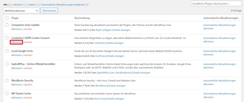 Nachdem du das Plugin installiert hast (Anleitungen zur Installation von Plugins für eine WordPress-Website findest du hier:), aktiviere es im Bereich „Installierte Plugins“.