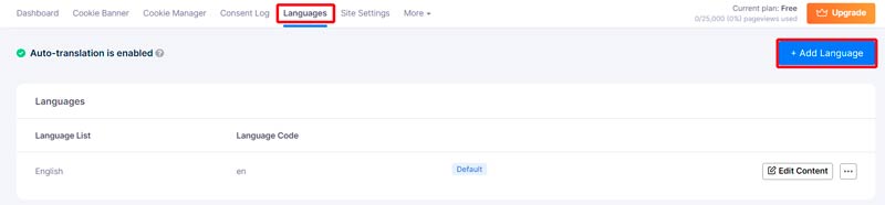 Wechsel hier zum Tab „Languages“ und klicke auf „+ Add Language“