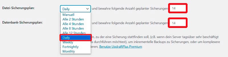 Wähle beim Datei- und Datenbank-Sicherungsplan „Daily“ und bei der Bewahrung geplanter Sicherungen „14“.