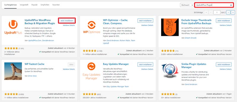 UpdraftPlus Plugin - Installierung