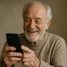 Älterer Patient und Rentner nutzt Praxis-Website mit großer Schrift und einfacher Navigation - 321 MED