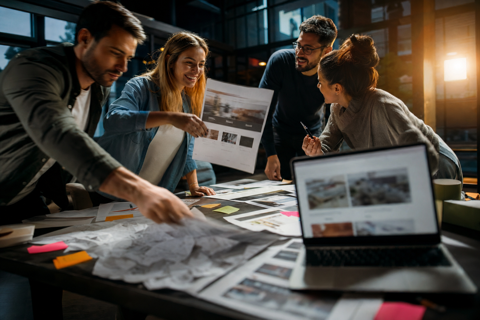 Strategische Planung eines Website-Relaunches im Team Ein Team plant einen Website-Relaunch mit Skizzen, Laptop und neuen Layout-Ideen auf einem Besprechungstisch.