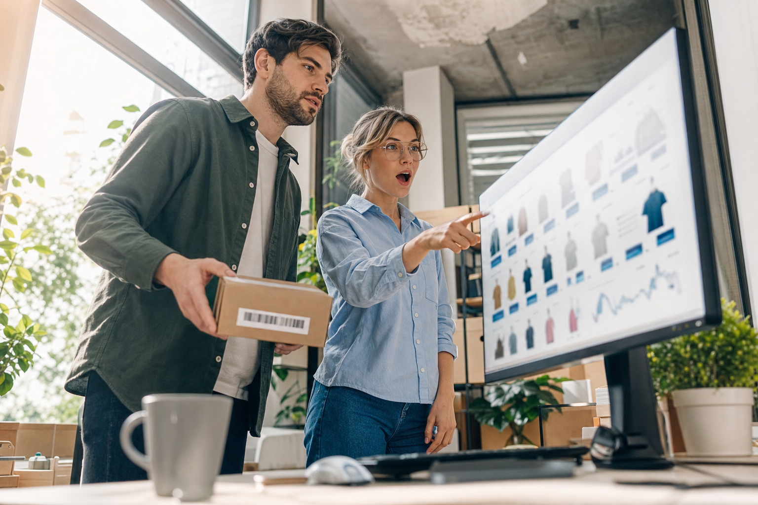 Shop-SEO für bessere Auffindbarkeit von Online-Shops Zwei Shop-Betreiber analysieren an einem Bildschirm Produktseiten und Suchdaten als Symbol für gezielte Shop-SEO.