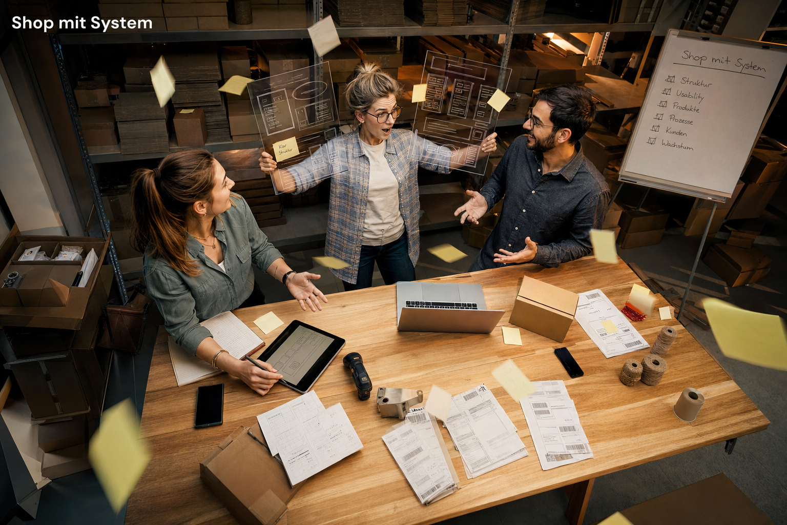 Shop-Team plant die passende Lösung für WooCommerce oder Shopify Drei Personen vergleichen in einem modernen Versandlager Shop-Strukturen auf Laptop und Tablet als Symbol für die Entscheidung zwischen WooCommerce und Shopify.