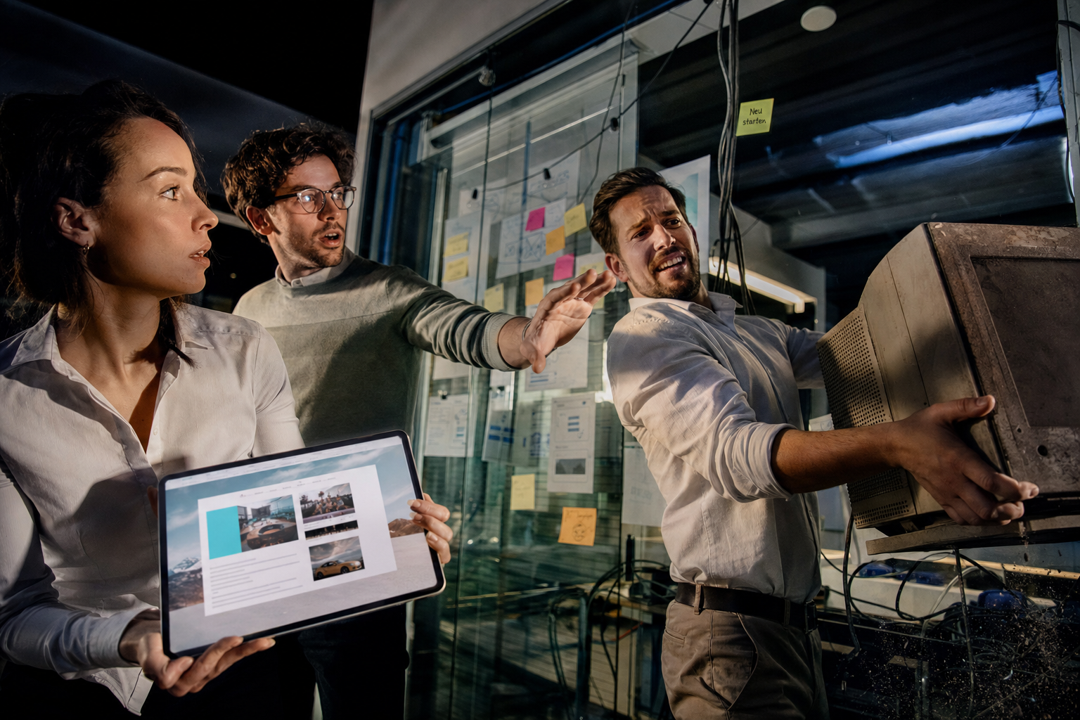 Website-Relaunch mit Strategie, Design und Technik planen Ein Unternehmerteam plant dynamisch den Relaunch einer veralteten Website mit Skizzen, Tablet und modernem Bürolicht.