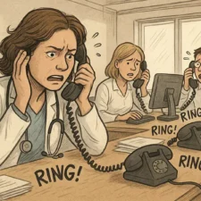 Überlastete MFA telefoniert in lauter Arztpraxis - Telefonstress reduzieren