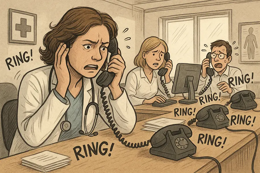 Überlastete MFA telefoniert in lauter Arztpraxis – Telefonstress reduzieren Überlastete MFA telefoniert in lauter Arztpraxis - Telefonstress reduzieren